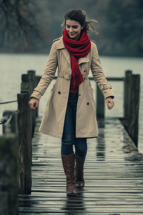 A woman in a soft beige trench coat, red scarf, dark jeans, and knee-high brown boots