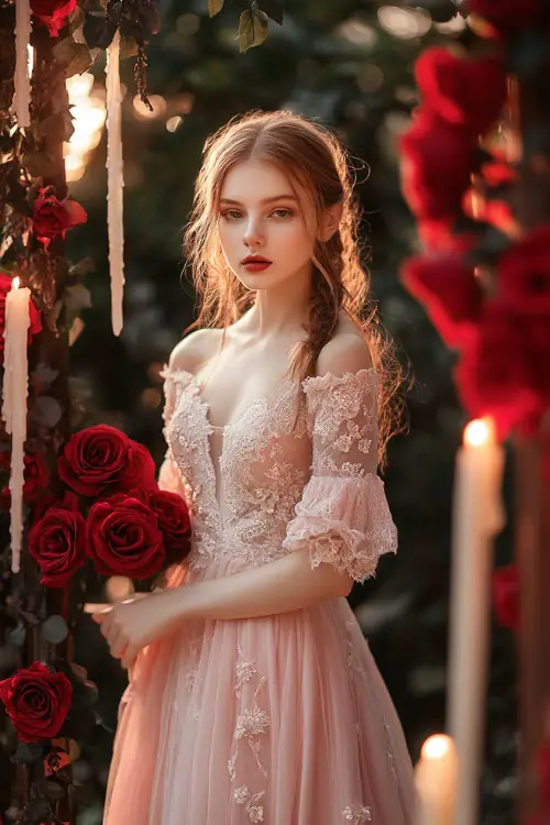 A woman in a soft blush pink A-line gown with a sweetheart neckline, flutter sleeves, and floral lace detailing