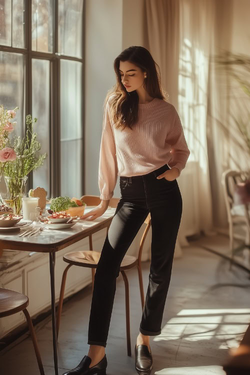 A woman in a soft blush pink knit top, tucked into high-waisted dark jeans, paired with black loafers (2)