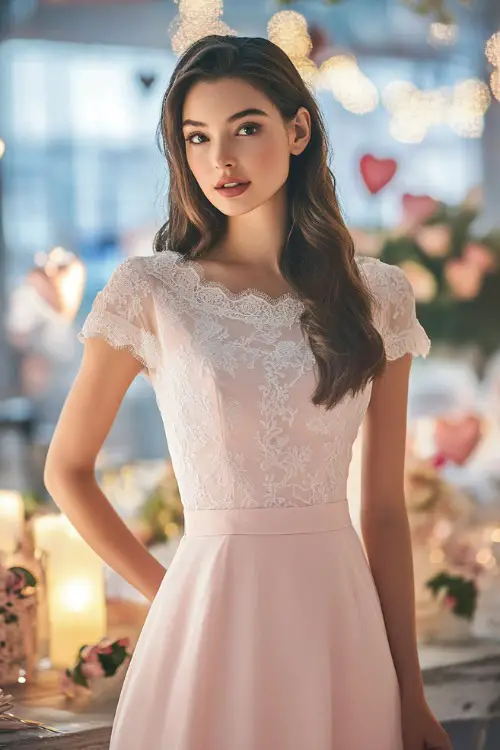 A woman in a soft blush pink short A-line dress with a scalloped neckline, floral lace detailing, and a cinched waist