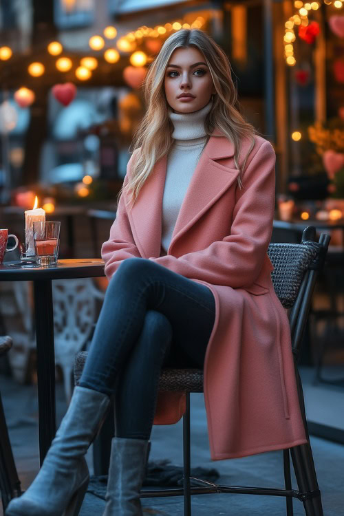 A woman in a soft pink peacoat over a white turtleneck, paired with dark skinny jeans and gray boots