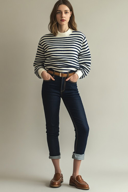 A woman in a striped navy and white knitted sweater tucked into high-waisted slim-fit jeans, styled with brown leather loafers