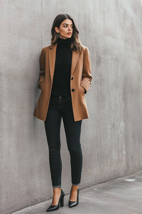 A woman in a structured camel blazer over a fitted black sweater, styled with straight-leg dark-wash jeans and black pointed flats