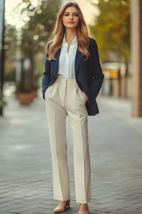 A woman in a structured navy blazer worn over a white button-up shirt, styled with wide-leg cream trousers and loafers