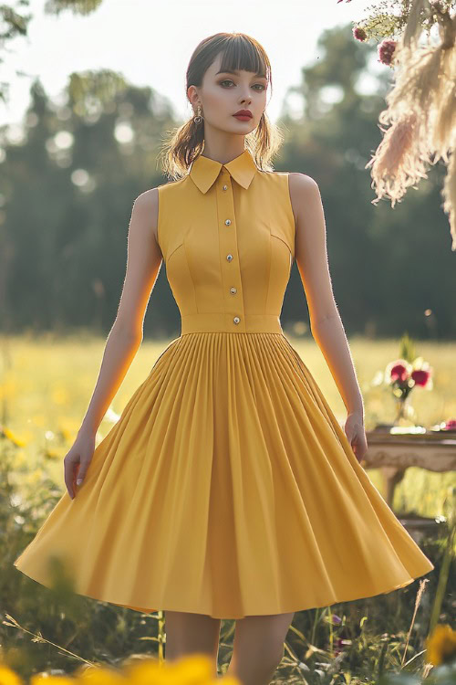 A woman in a sunflower yellow midi dress with a collared neckline, button-down details, and a pleated hemline, standing near a brightly lit outdoor wedding setup