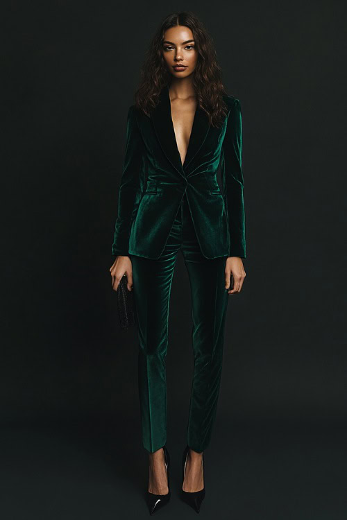 A woman in a tailored dark green velvet blazer with matching trousers, paired with black pointed pumps and a clutch