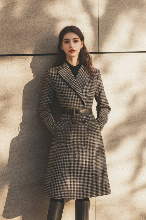 A woman in a tailored houndstooth dress with a belted waist, paired with ankle boots and a clutch