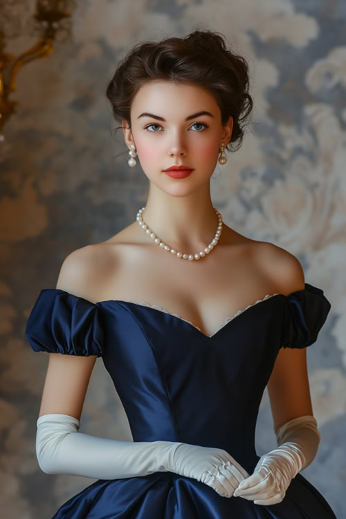 A woman in a tailored navy-blue ball gown with a fitted bodice, elbow-length gloves, and pearl accessories