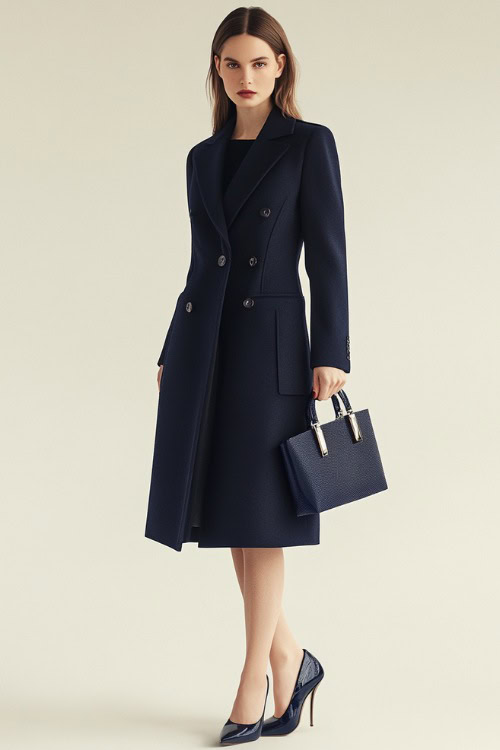 A woman in a tailored navy coat over a fitted dress, styled with a structured handbag and pointed-toe heels (2)