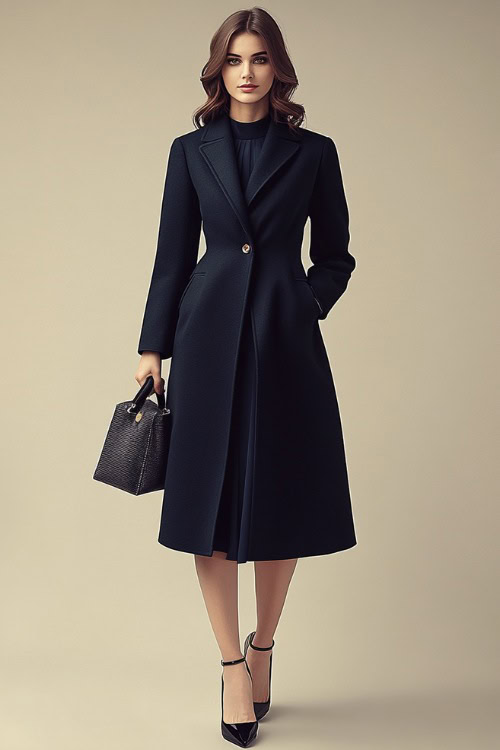 A woman in a tailored navy coat over a fitted dress, styled with a structured handbag and pointed-toe heels