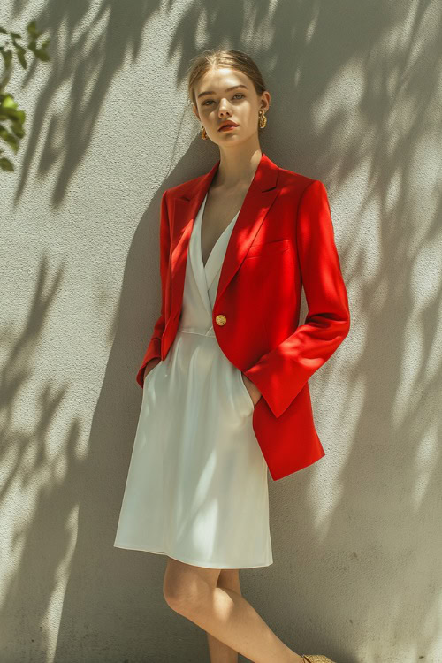 A woman in a tailored red blazer over a white silk midi dress, styled with pumps and gold accessories