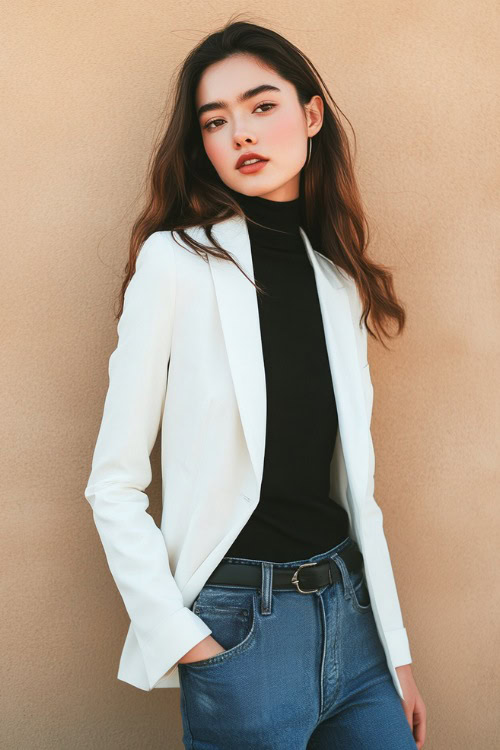 A woman in a tailored white blazer over a black fitted turtleneck, paired with relaxed-fit blue jeans and black leather loafers