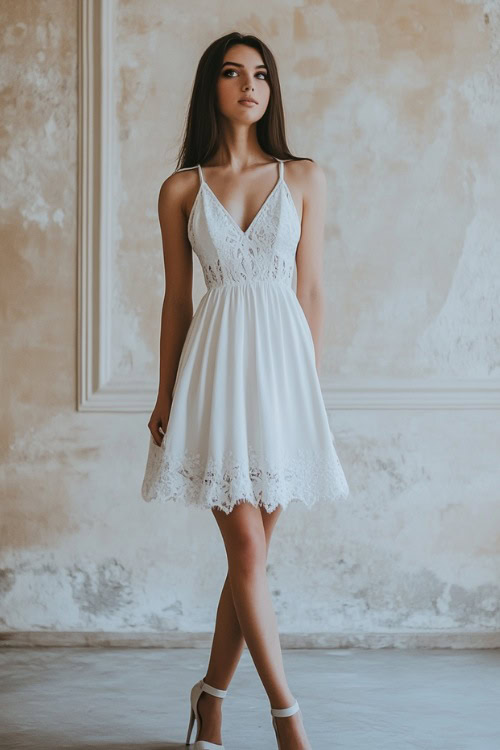 A woman in a white A-line midi dress with lace detailing, styled with pointed pumps