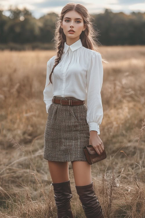 A woman in a white blouse tucked into a high-waisted tweed skirt, paired with knee-high brown leather boots and a clutch.