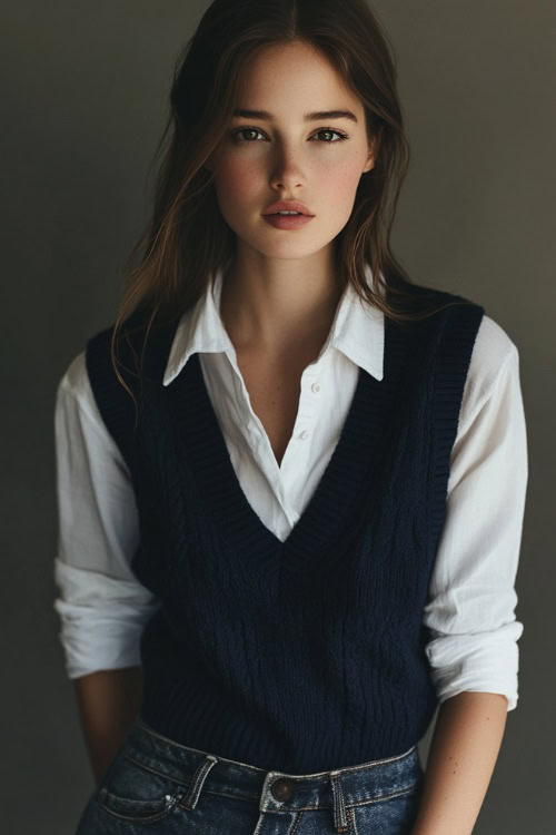 A woman in a white button-up shirt styled under a navy blue sleeveless sweater, paired with cropped jeans and loafers