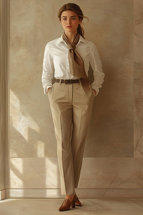 A woman in a white button-up shirt tucked into high-waisted beige trousers, paired with brown leather loafers and a silk scarf.