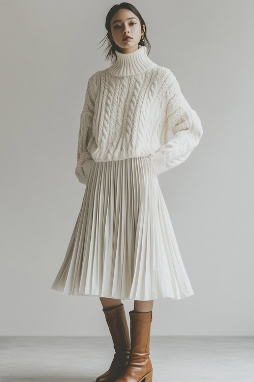 A woman in a white cable-knit sweater styled with a pleated midi skirt and leather ankle boots