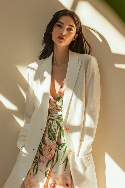 A woman in a white linen blazer over a floral wrap dress, styled with block-heeled sandals