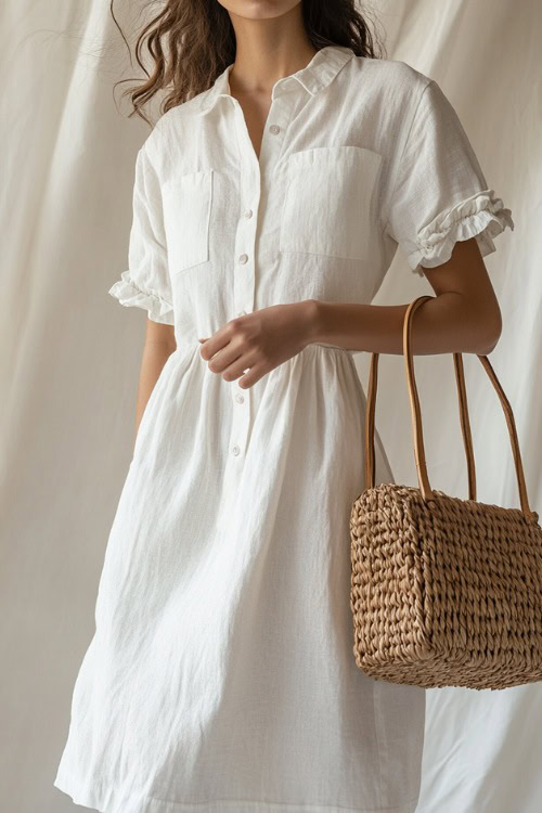 A woman in a white linen button-up dress with a relaxed silhouette, accessorized with espadrille wedges and a woven handbag