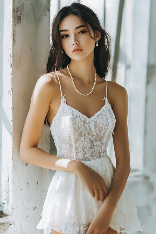 A woman in a white midi dress with a delicate lace overlay, styled with pearl jewelry and strappy heels