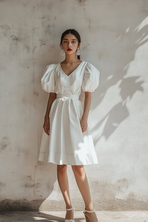 A woman in a white midi dress with puffed sleeves, accessorized with pearl earrings and heeled sandals