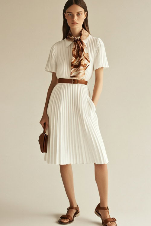 A woman in a white pleated shirt dress with short sleeves, accessorized with a silk scarf and brown leather sandals