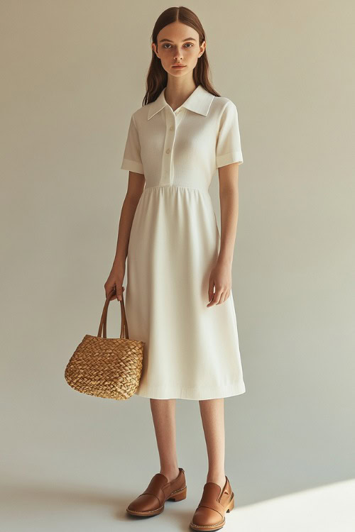 A woman in a white polo dress with a structured collar, paired with brown leather loafers and a woven handbag