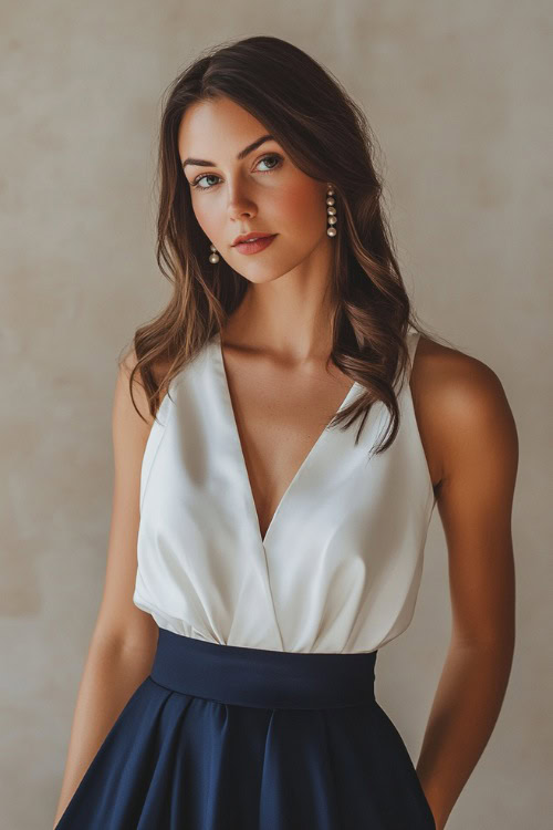 A woman in a white sleeveless blouse tucked into a tailored navy blue midi skirt