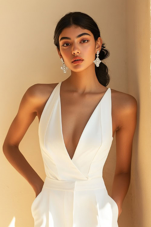 A woman in a white tailored jumpsuit with a structured bodice, accessorized with diamond earrings