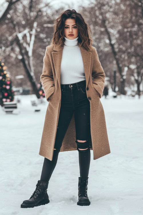 A woman in a white turtleneck layered with a camel coat, paired with black skinny jeans and combat boots