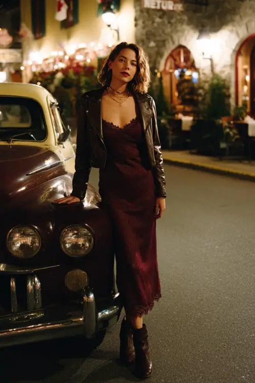 A woman in her 30s wears a lace-trimmed slip dress in burgundy with a cropped leather jacket and ankle boots