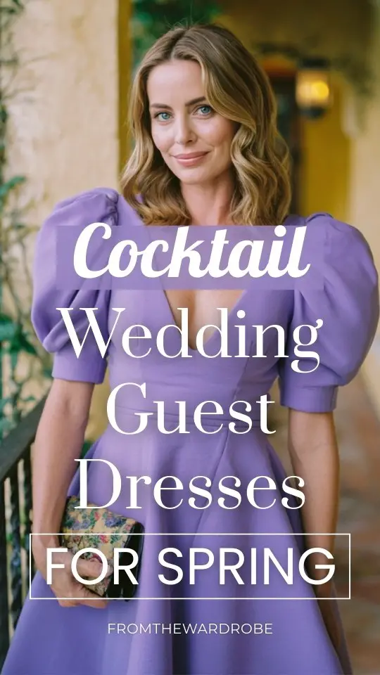 A woman over 30 wears a fit-and-flare cocktail spring wedding guest dress in deep lavender with puff sleeves and a vintage clutch