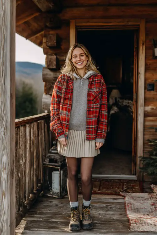 A woman over 30 wears a red plaid shacket over a soft gray sweater and a pleated wool mini skirt, paired with tights and hiking boots