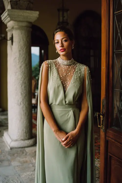 A woman over 30 wears a sage green column gown with a detachable pearl-embellished cape