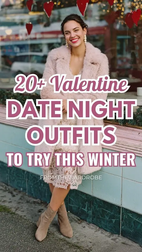 A woman over 30 wears a winter date night outfit for Valentine's day blush pink wrap coat with faux fur trim over a lace midi dress, suede ankle boots, and pearl earrings