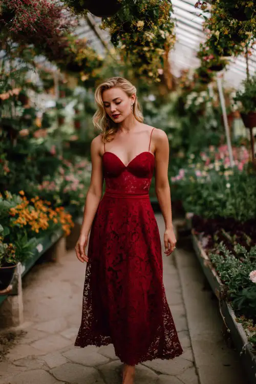 A woman over 40 wears a deep red A-line midi dress with a sweetheart neckline and a sheer lace overlay