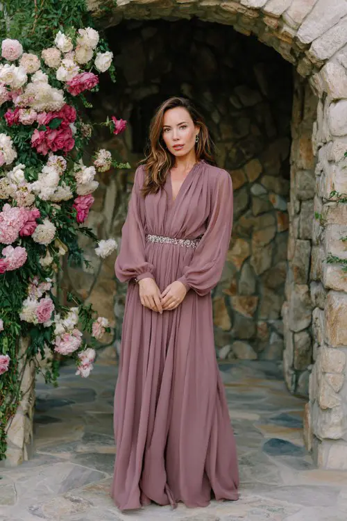 A woman over 40 wears a flowing mauve chiffon dress with long sheer sleeves and a crystal-embellished belt