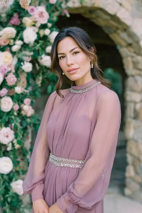 A woman over 40 wears a flowing mauve chiffon dress with long sheer sleeves and a crystal-embellished belt
