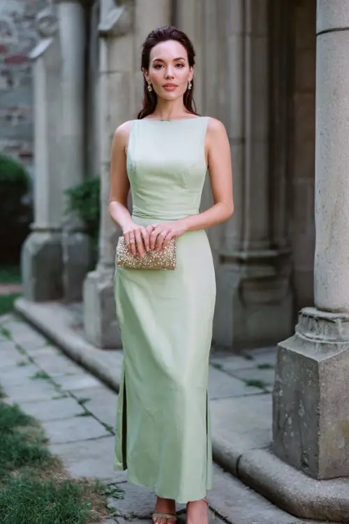 A woman over 40 wears a soft pistachio green gown with a bateau neckline and lace back, paired with heeled sandals and a vintage clutch