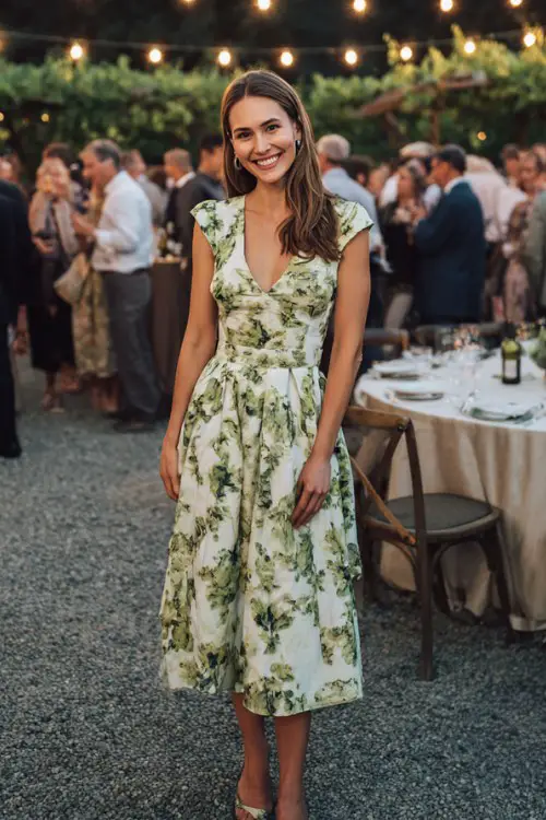 A woman over 40 wears a white and green floral-printed tea-length dress with cap sleeves and slingback pumps