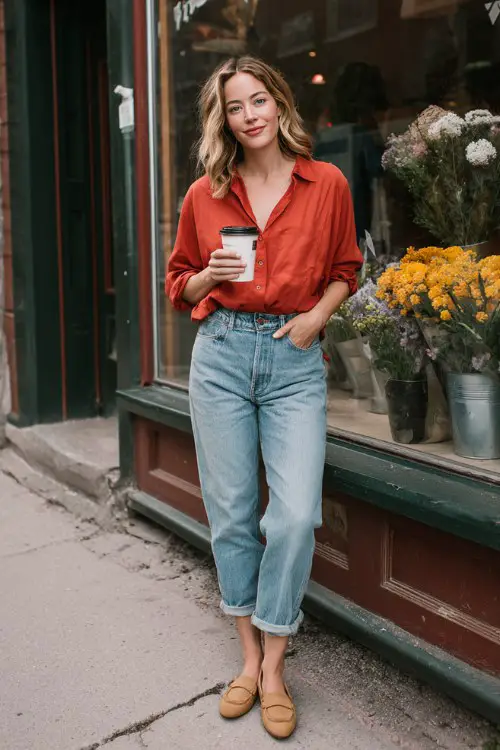 A woman over 40 wears mid-wash jeans, a soft red blouse, and tan loafers, holding a takeaway coffee outside a quiet flower shop
