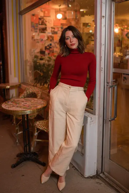 A woman pairs a ribbed red turtleneck with cream wide-leg trousers and low block heels for a sweet coffee shop outing