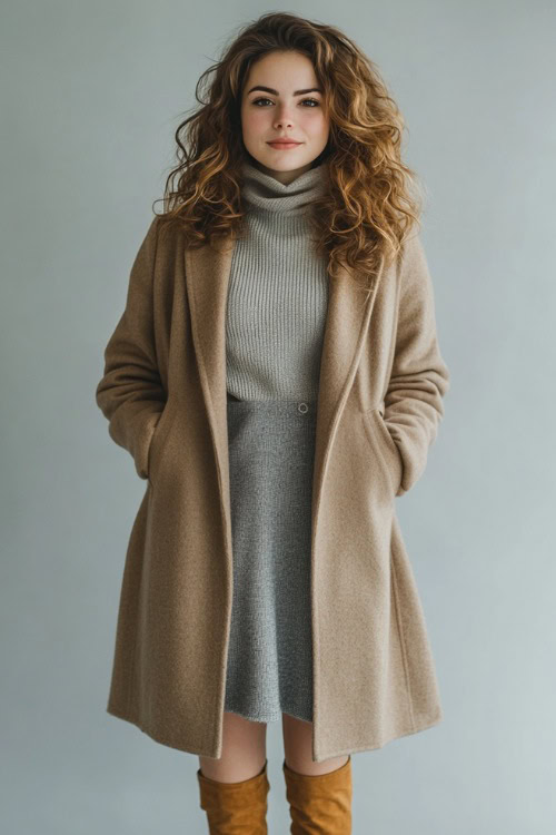 A woman wearing a beige cashmere coat over a gray sweater dress, styled with suede ankle boots (3)