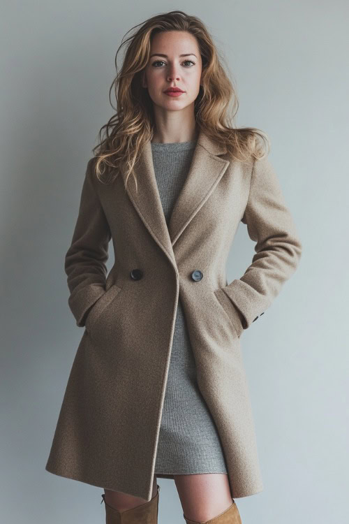 A woman wearing a beige cashmere coat over a gray sweater dress, styled with suede ankle boots