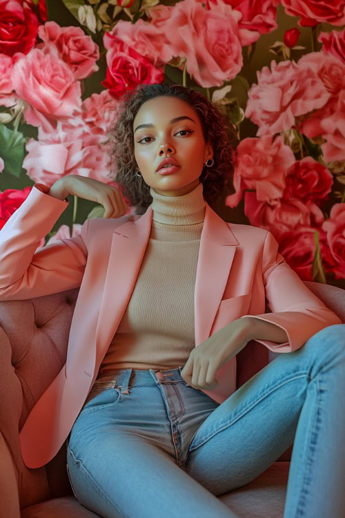 A woman wearing a beige turtleneck, a tailored pink blazer, light-wash jeans, and neutral loafers