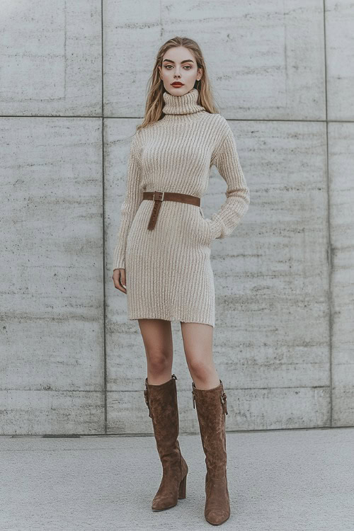 A woman wearing a beige turtleneck sweater dress with a belted waist and knee-high suede boots