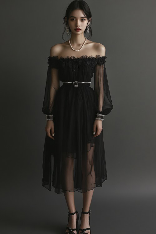 A woman wearing a black off-the-shoulder cocktail dress with sheer sleeves, styled with pearl accessories and heeled sandals