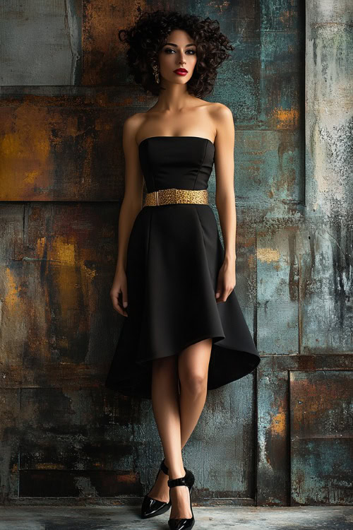 A woman wearing a black strapless midi dress with a statement gold belt and black patent pumps