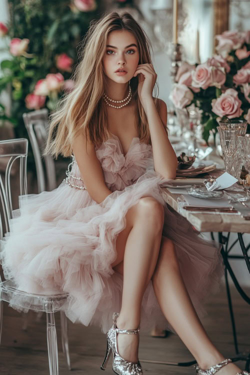 A woman wearing a blush pink midi dress with a layered tulle skirt, paired with silver flats and a pearl necklace