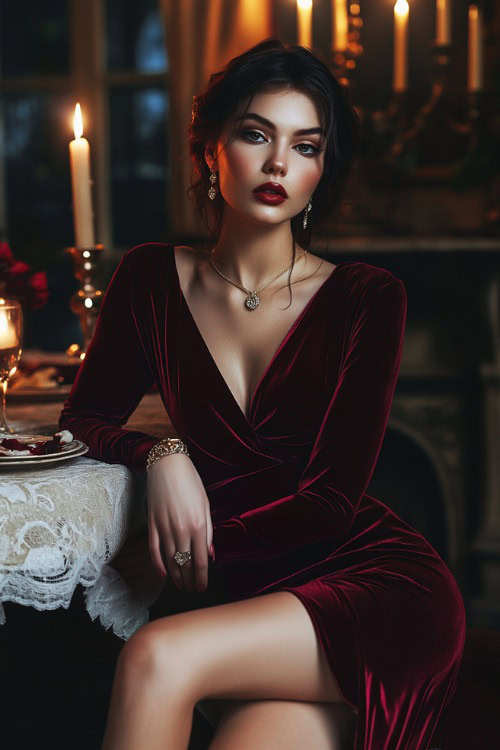 A woman wearing a burgundy velvet wrap dress with long sleeves, paired with gold heels and delicate jewelry